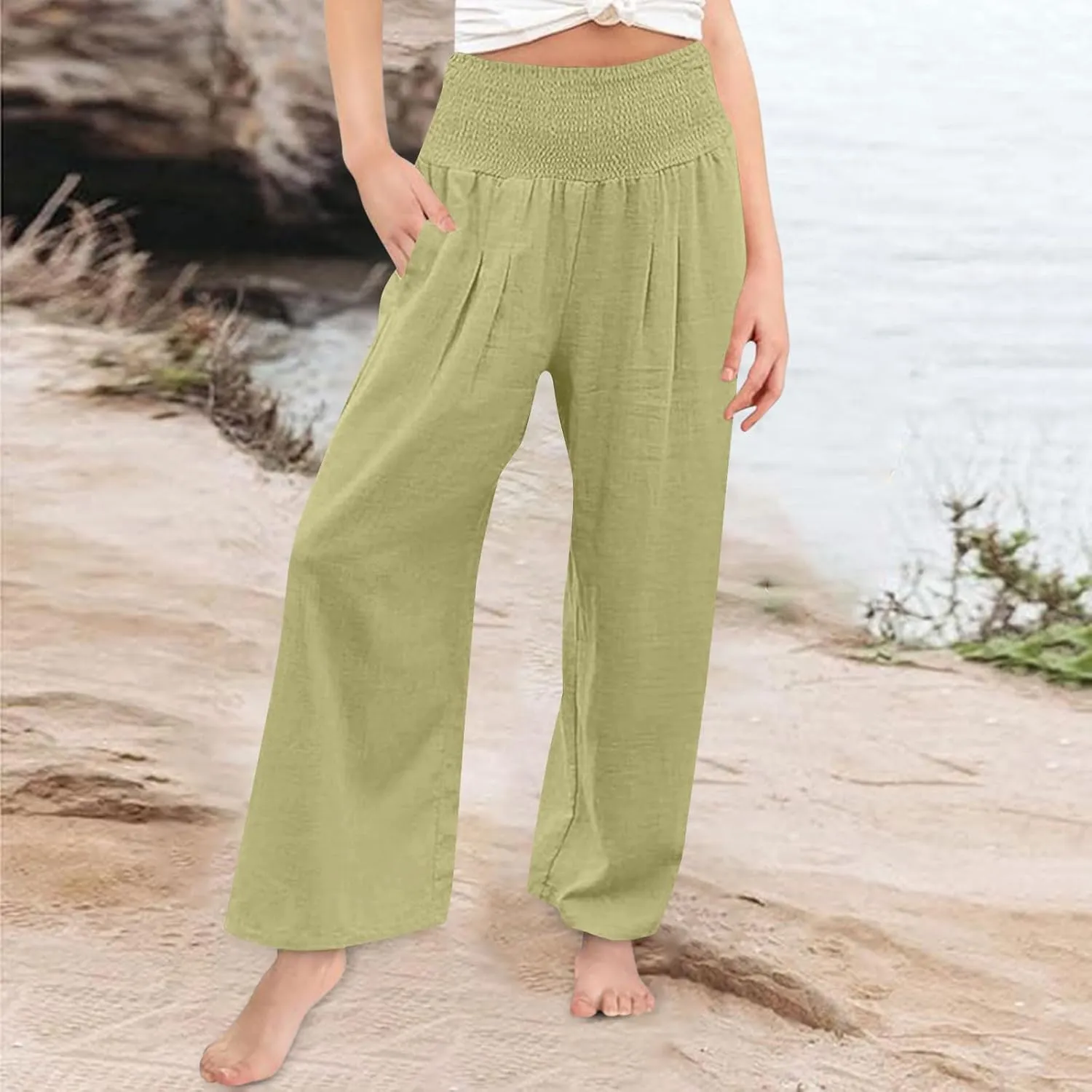 Palazzo Pants for Girls Summer Casual Linen Smocked High Waist Wide Leg Trousers Travel Vacation Pant with Pockets