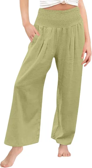 Palazzo Pants for Girls Summer Casual Linen Smocked High Waist Wide Leg Trousers Travel Vacation Pant with Pockets