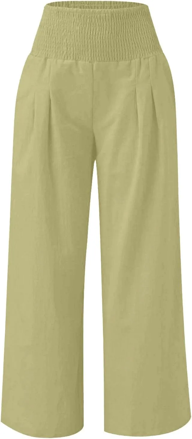 Palazzo Pants for Girls Summer Casual Linen Smocked High Waist Wide Leg Trousers Travel Vacation Pant with Pockets