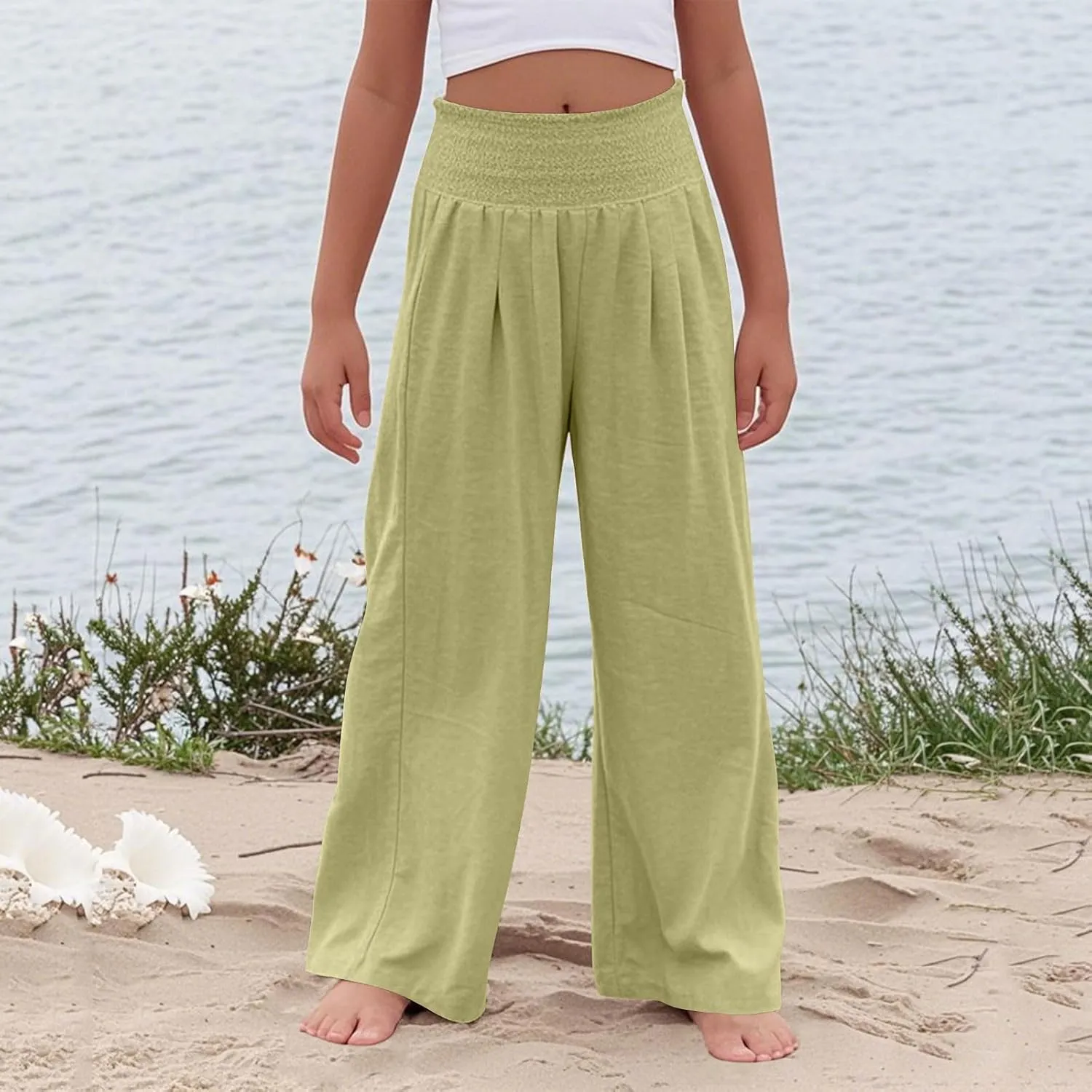 Palazzo Pants for Girls Summer Casual Linen Smocked High Waist Wide Leg Trousers Travel Vacation Pant with Pockets