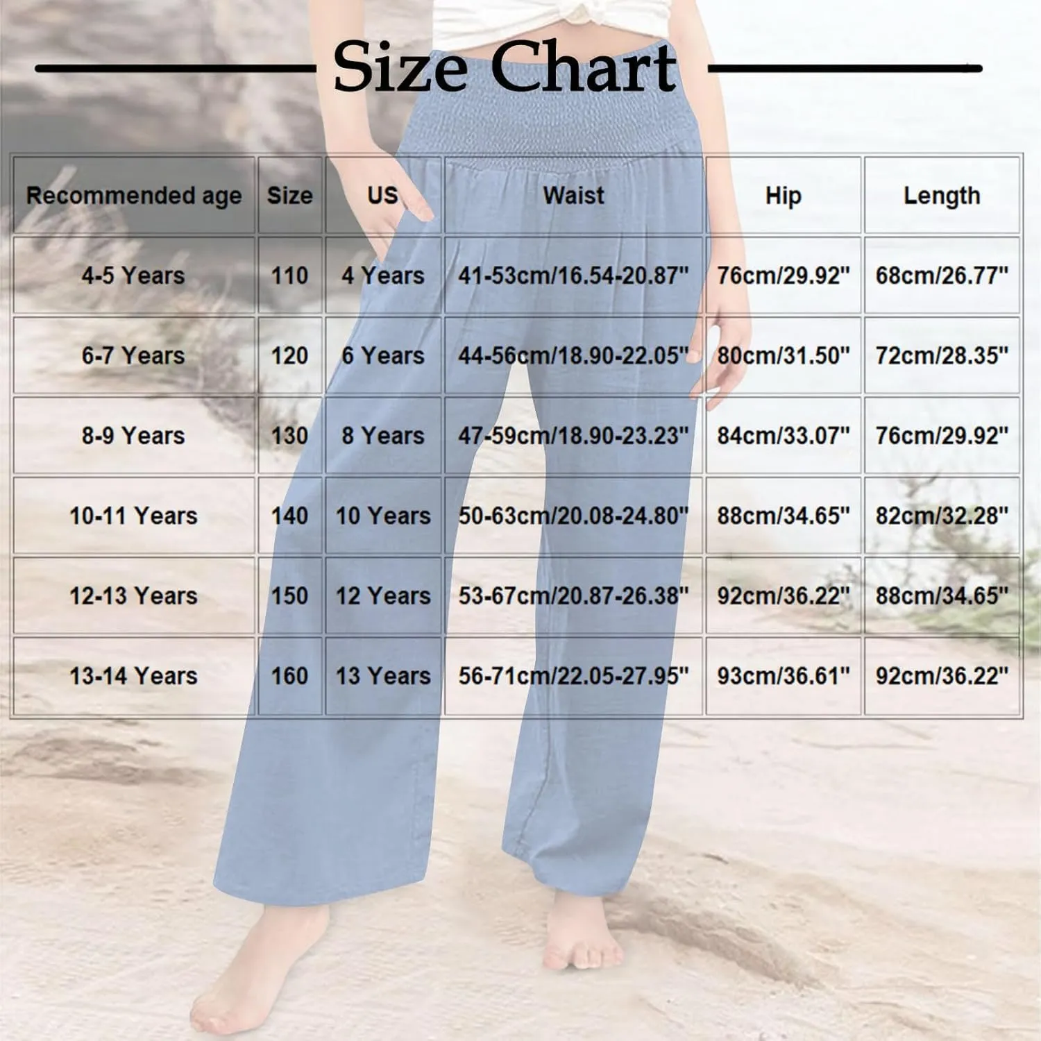 Palazzo Pants for Girls Summer Casual Linen Smocked High Waist Wide Leg Trousers Travel Vacation Pant with Pockets
