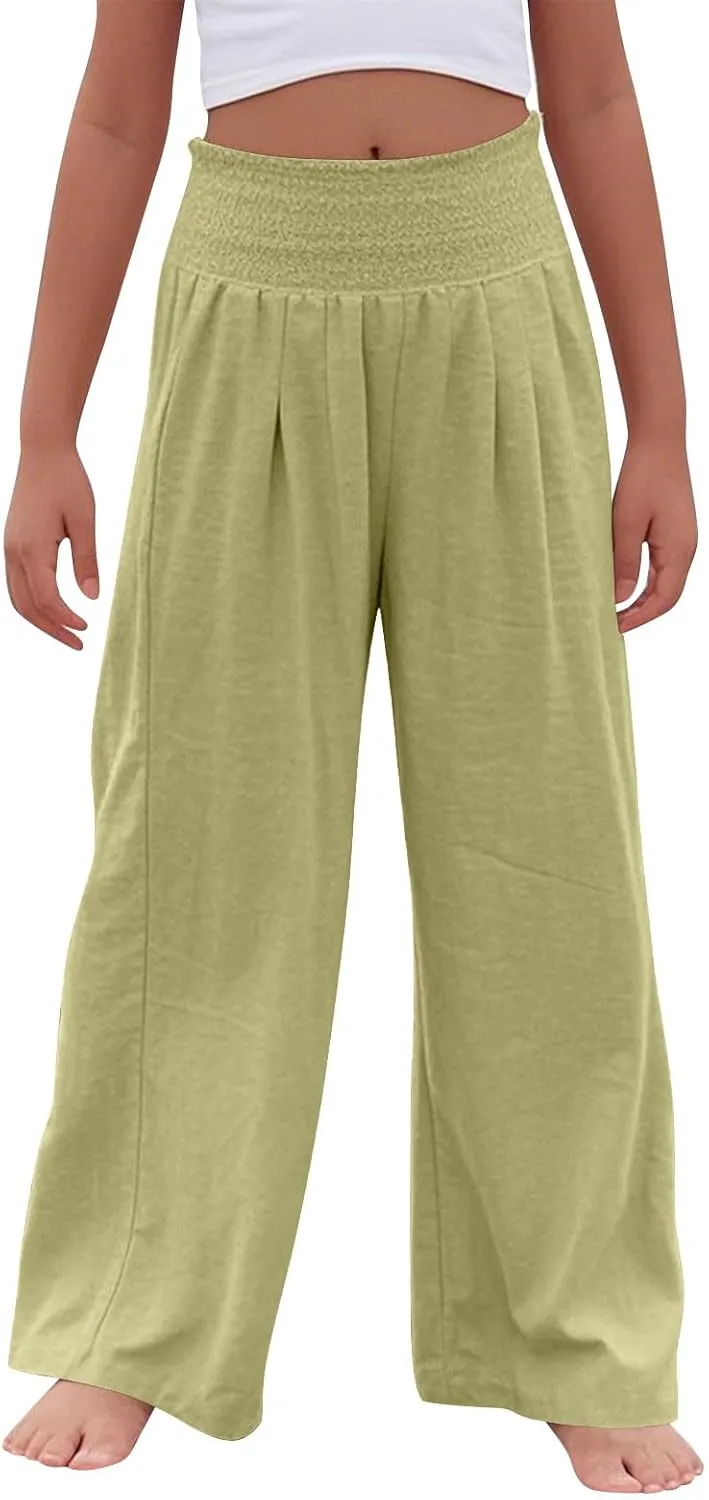 Palazzo Pants for Girls Summer Casual Linen Smocked High Waist Wide Leg Trousers Travel Vacation Pant with Pockets