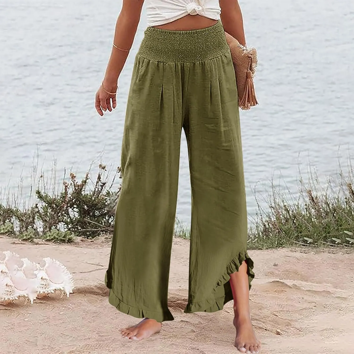 Palazzo Pants for Women Linen Elastic Waist Summer Wide Leg Pants with Pockets Smocked Loose Casual Vacation Outfits