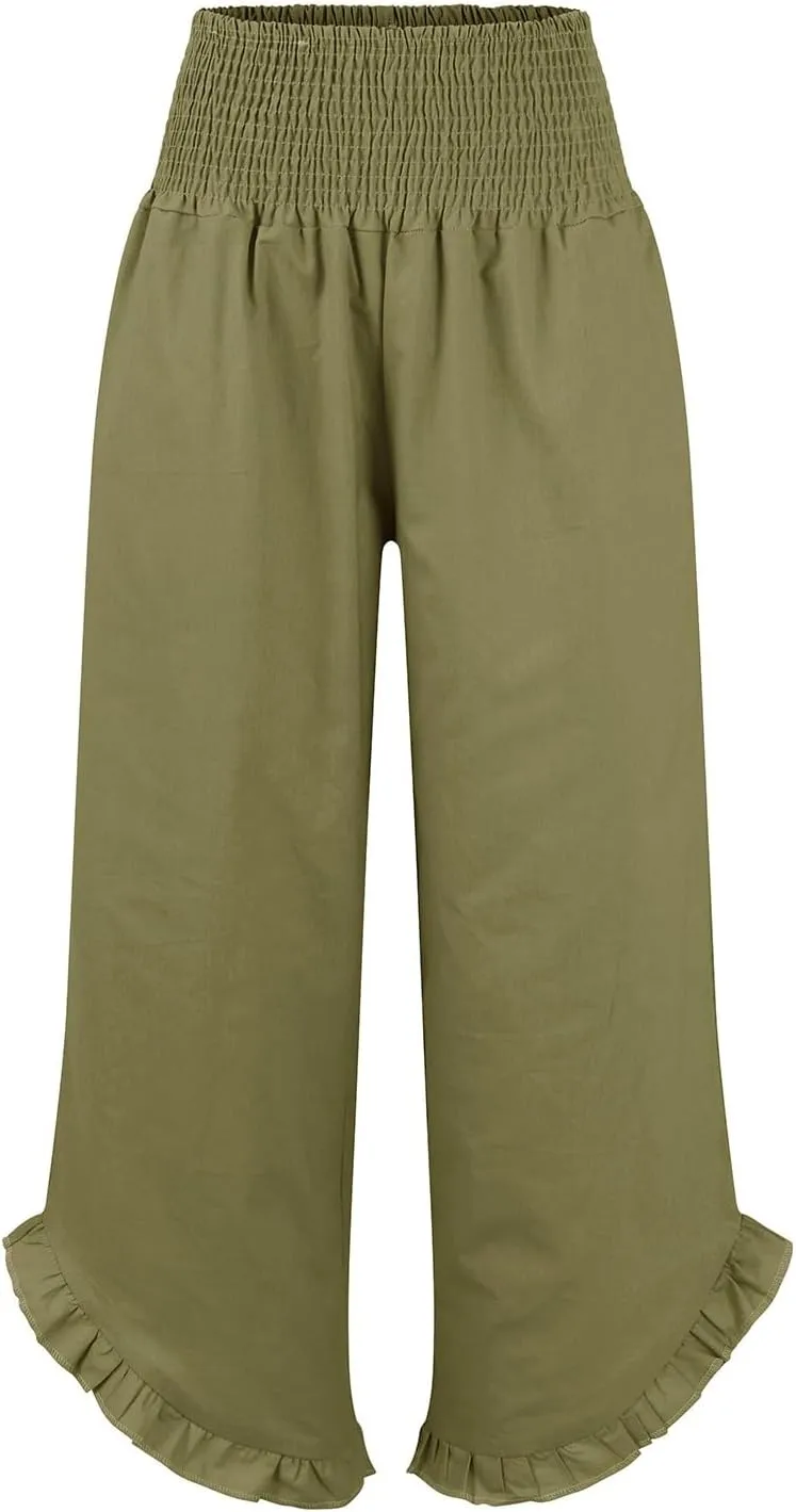 Palazzo Pants for Women Linen Elastic Waist Summer Wide Leg Pants with Pockets Smocked Loose Casual Vacation Outfits