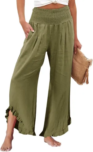 Palazzo Pants for Women Linen Elastic Waist Summer Wide Leg Pants with Pockets Smocked Loose Casual Vacation Outfits
