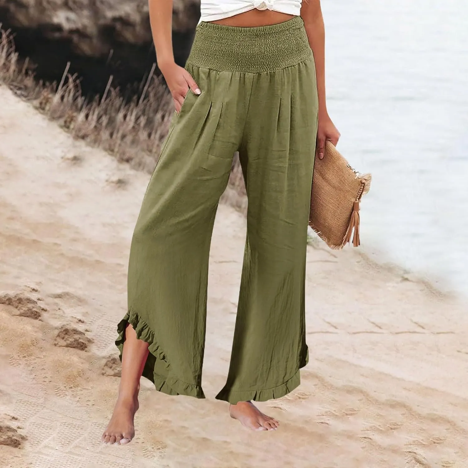 Palazzo Pants for Women Linen Elastic Waist Summer Wide Leg Pants with Pockets Smocked Loose Casual Vacation Outfits