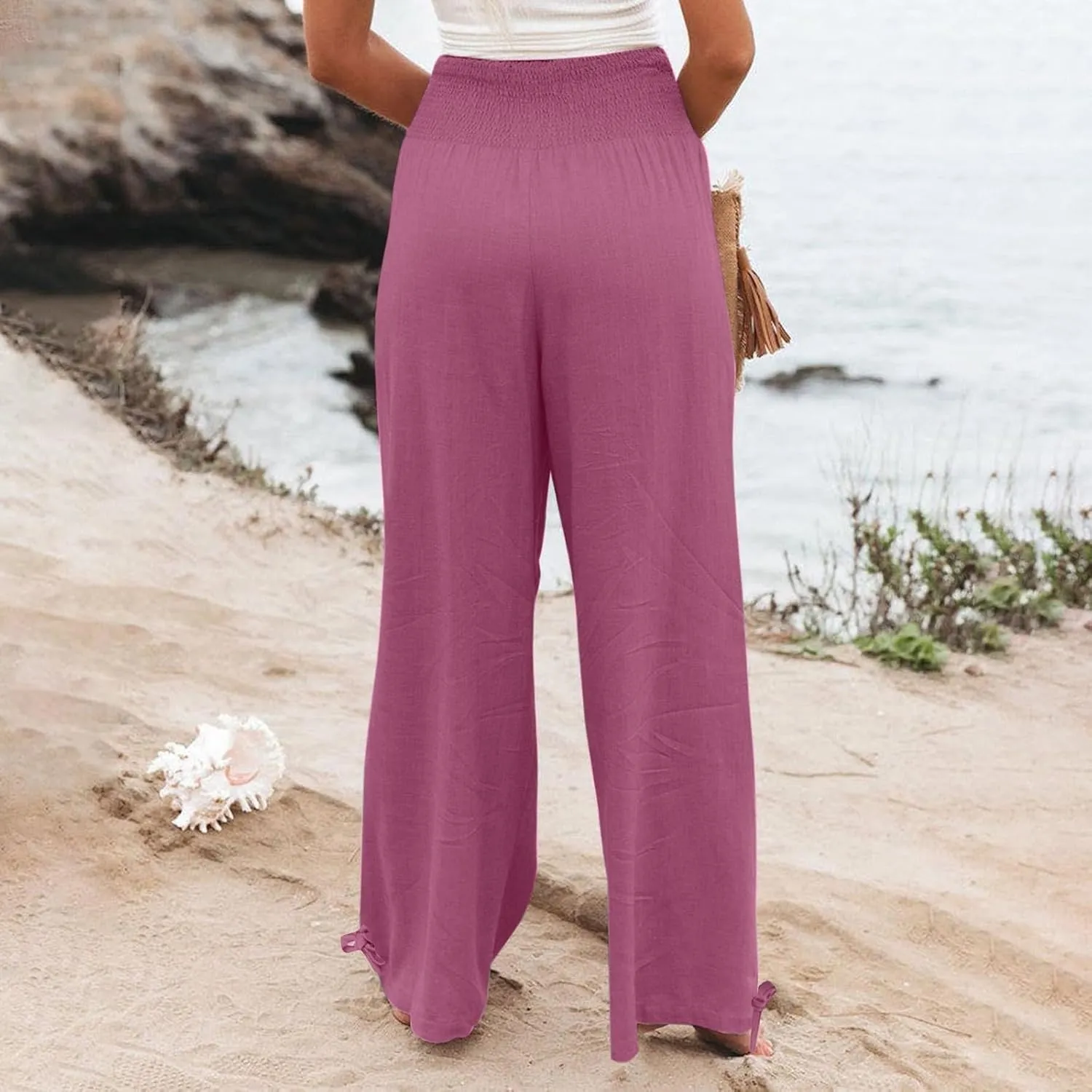 Pants for Women High Waisted Pant Wide Leg Linen Pants Palazzo Trousers Pull On Elastic Smock Waist Loose Flowy Pants