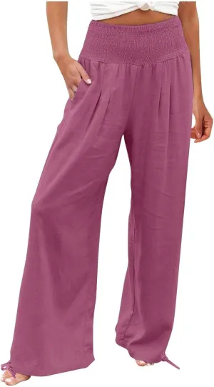 Pants for Women High Waisted Pant Wide Leg Linen Pants Palazzo Trousers Pull On Elastic Smock Waist Loose Flowy Pants