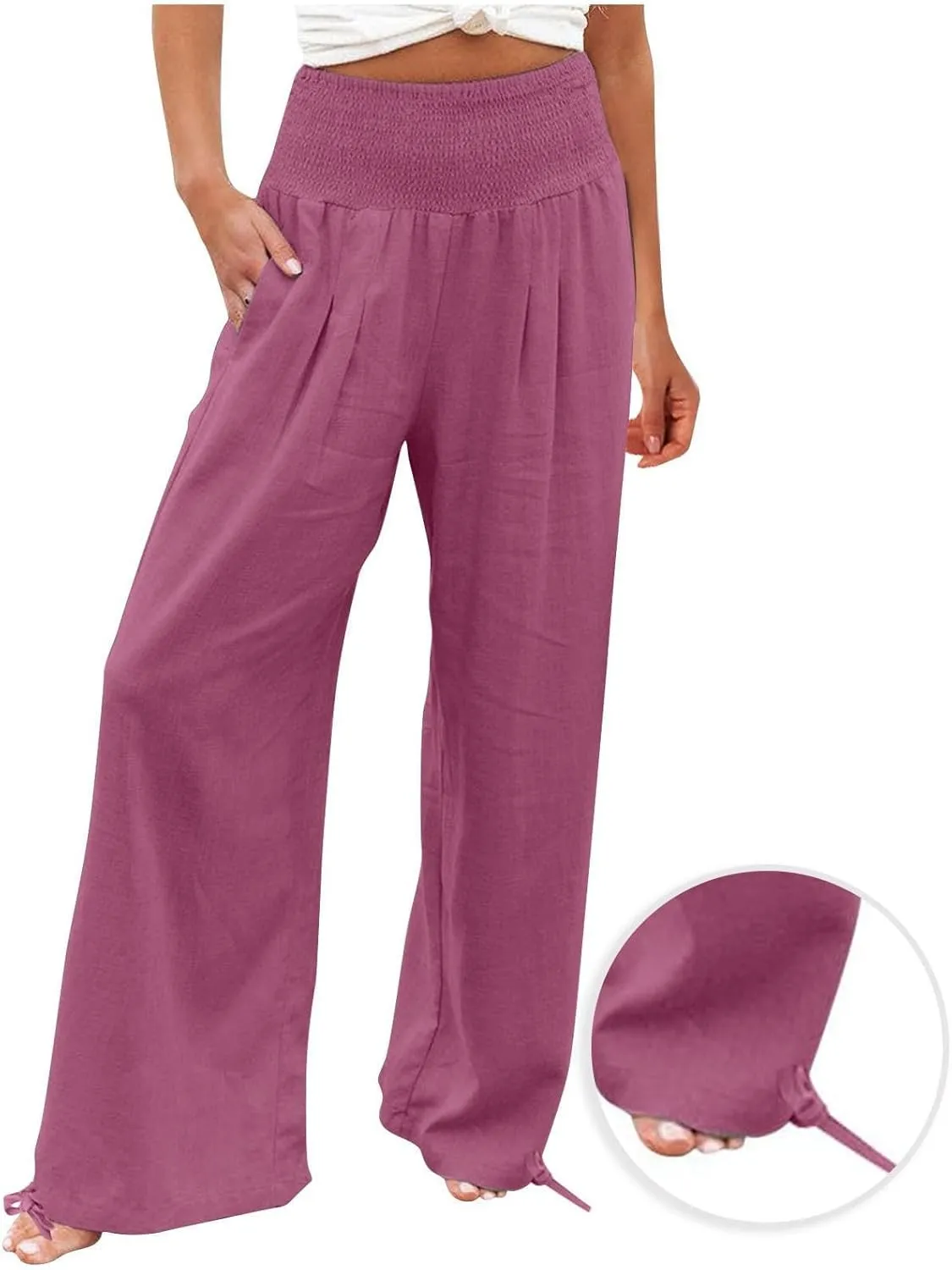 Pants for Women High Waisted Pant Wide Leg Linen Pants Palazzo Trousers Pull On Elastic Smock Waist Loose Flowy Pants