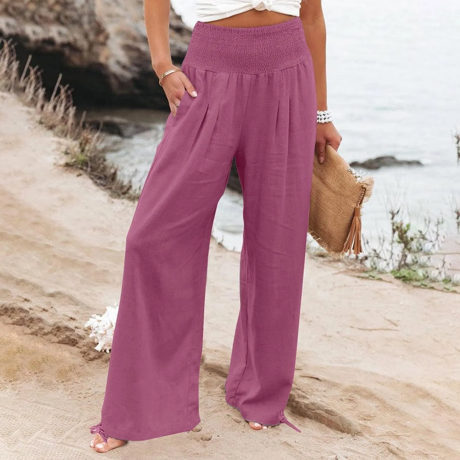 Pants for Women High Waisted Pant Wide Leg Linen Pants Palazzo Trousers Pull On Elastic Smock Waist Loose Flowy Pants