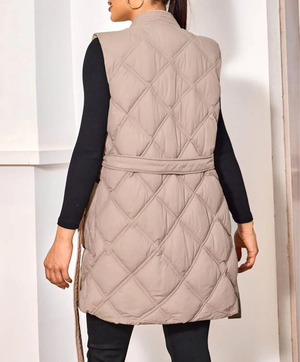 PAODIKUAI Women's Long Puffer Vest V Neck Zipper Lightweight Sleeveless Puffy Jacket Winter Coat with Belt