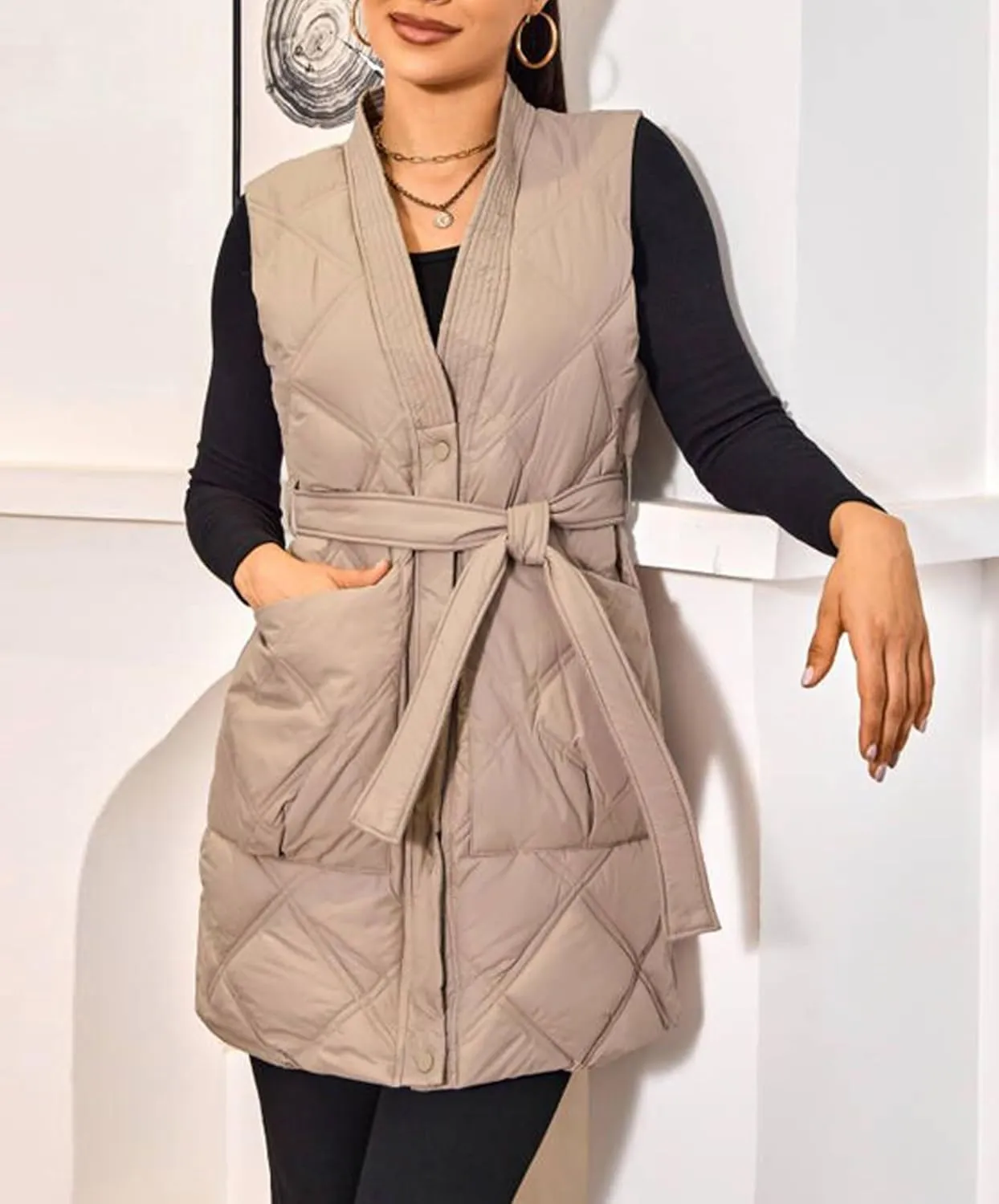 PAODIKUAI Women's Long Puffer Vest V Neck Zipper Lightweight Sleeveless Puffy Jacket Winter Coat with Belt