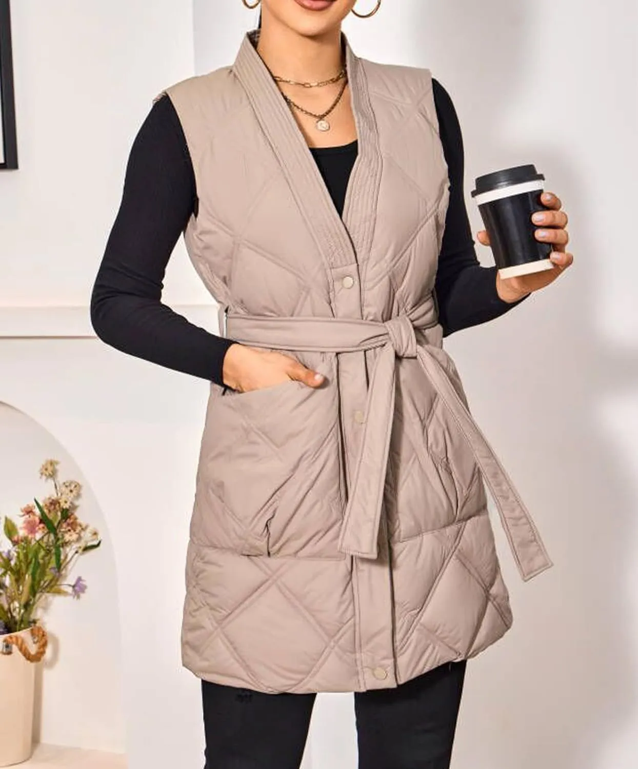 PAODIKUAI Women's Long Puffer Vest V Neck Zipper Lightweight Sleeveless Puffy Jacket Winter Coat with Belt