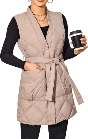 PAODIKUAI Women's Long Puffer Vest V Neck Zipper Lightweight Sleeveless Puffy Jacket Winter Coat with Belt