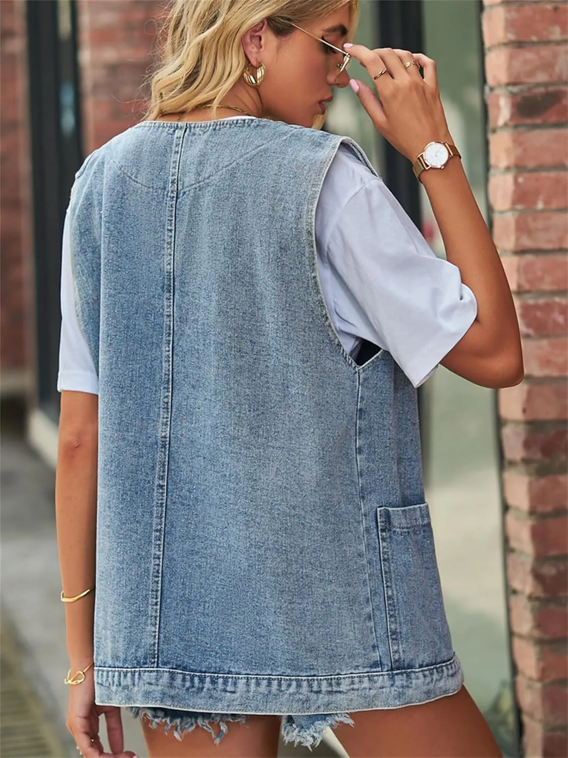 PAODIKUAI Women's Oversized Denim Vest Mid Long Jean Vest Sleeveless Jackets Distressed Vest Cotton