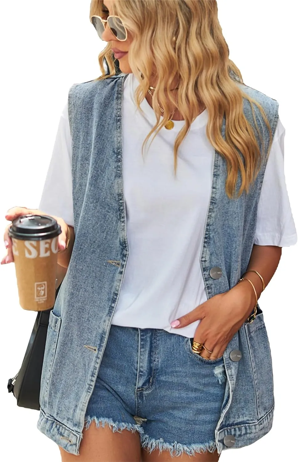 PAODIKUAI Women's Oversized Denim Vest Mid Long Jean Vest Sleeveless Jackets Distressed Vest Cotton