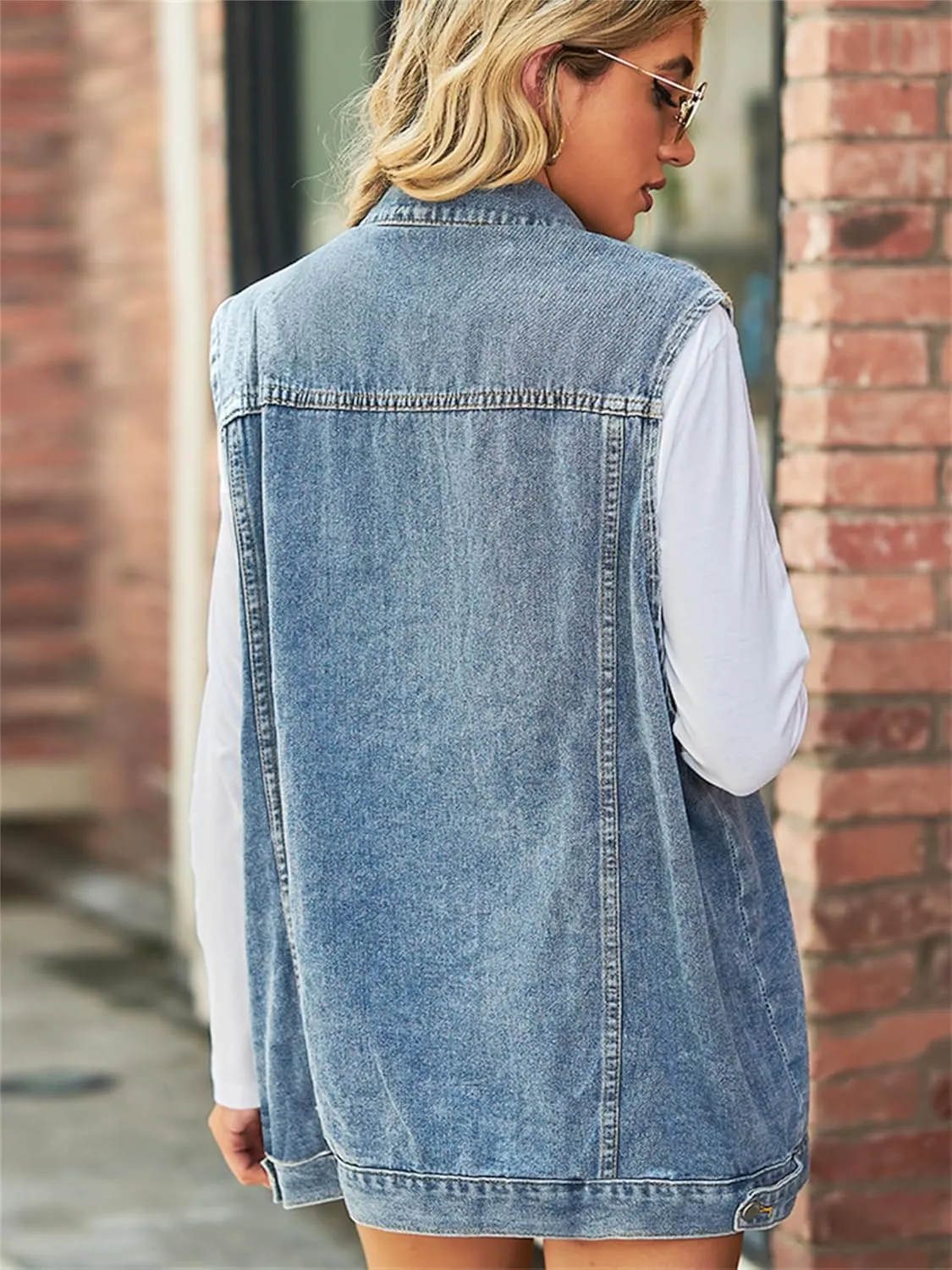 PAODIKUAI Women's Oversized Denim Vest Mid Long Jean Vest Sleeveless Jackets Distressed Vest Cotton