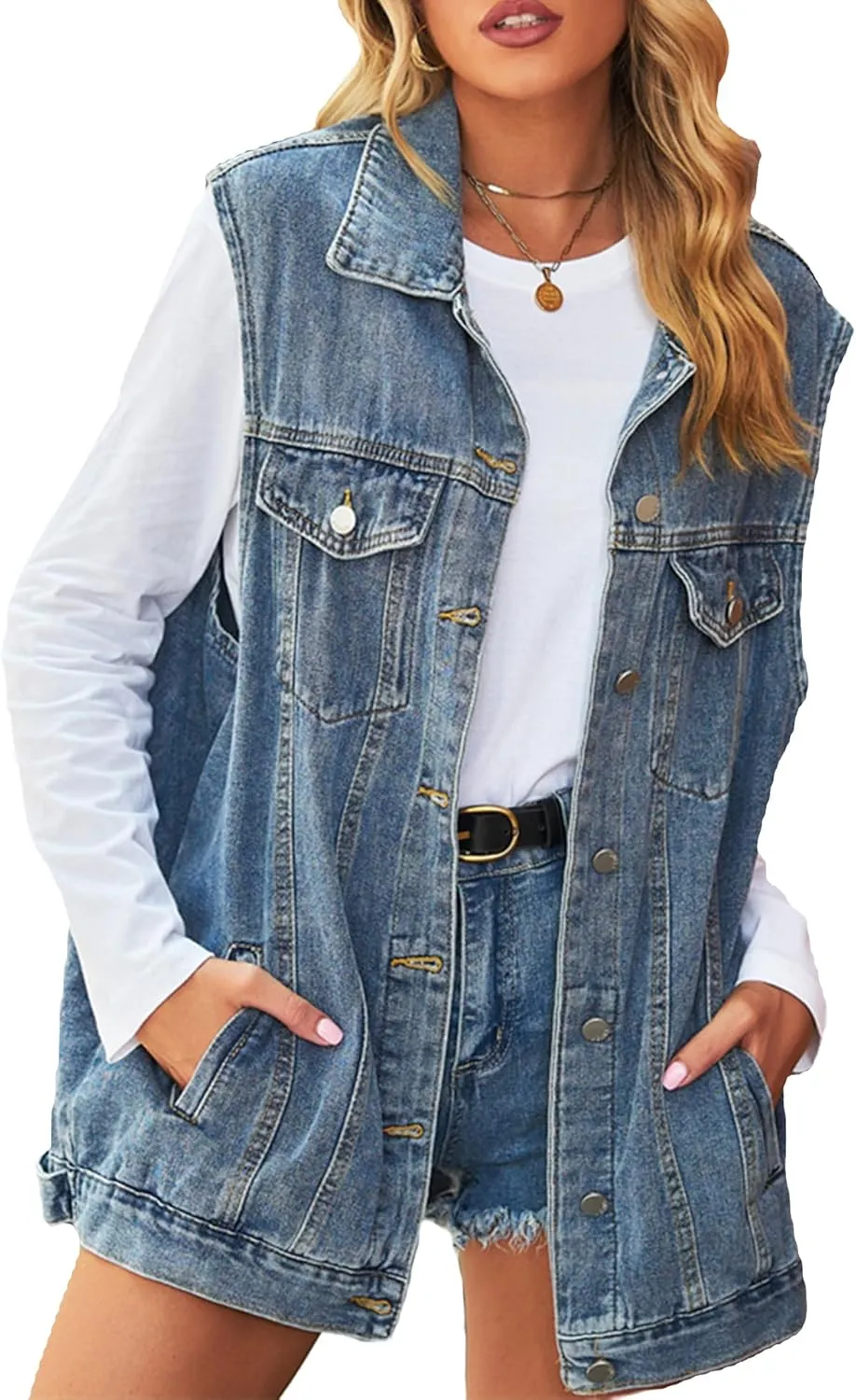 PAODIKUAI Women's Oversized Denim Vest Mid Long Jean Vest Sleeveless Jackets Distressed Vest Cotton