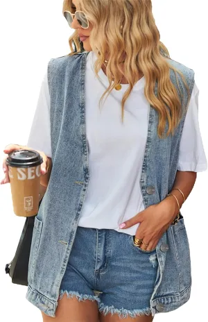 PAODIKUAI Women's Oversized Denim Vest Mid Long Jean Vest Sleeveless Jackets Distressed Vest Cotton