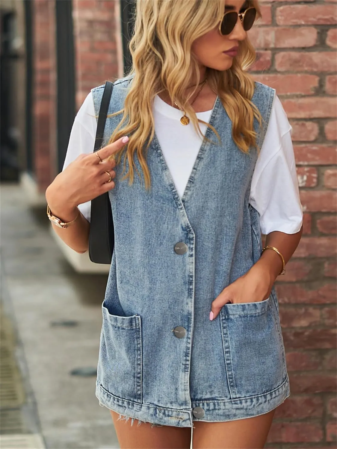 PAODIKUAI Women's Oversized Denim Vest Mid Long Jean Vest Sleeveless Jackets Distressed Vest Cotton
