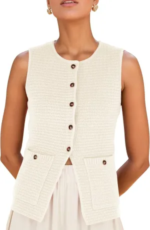 PEHMEA Women's Sweater Vest Sleeveless Button Down Spring Summer Tank Tops Trendy Cardigan Sweater Vests with Pockets