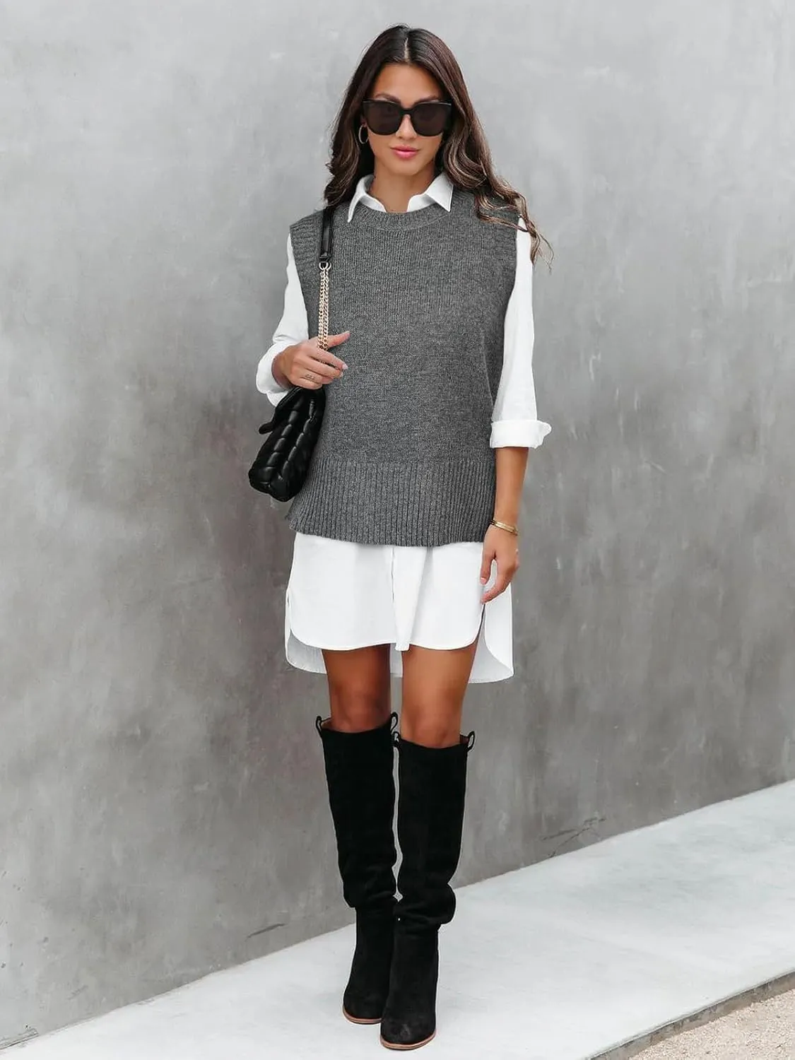 PEIQI Womens Sweater Vest Crop Knitted Sleeveless Sweaters Solid Casual Basic Tops