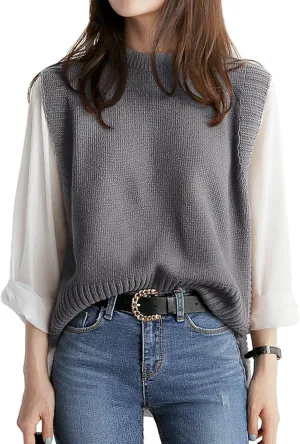 PEIQI Womens Sweater Vest Crop Knitted Sleeveless Sweaters Solid Casual Basic Tops