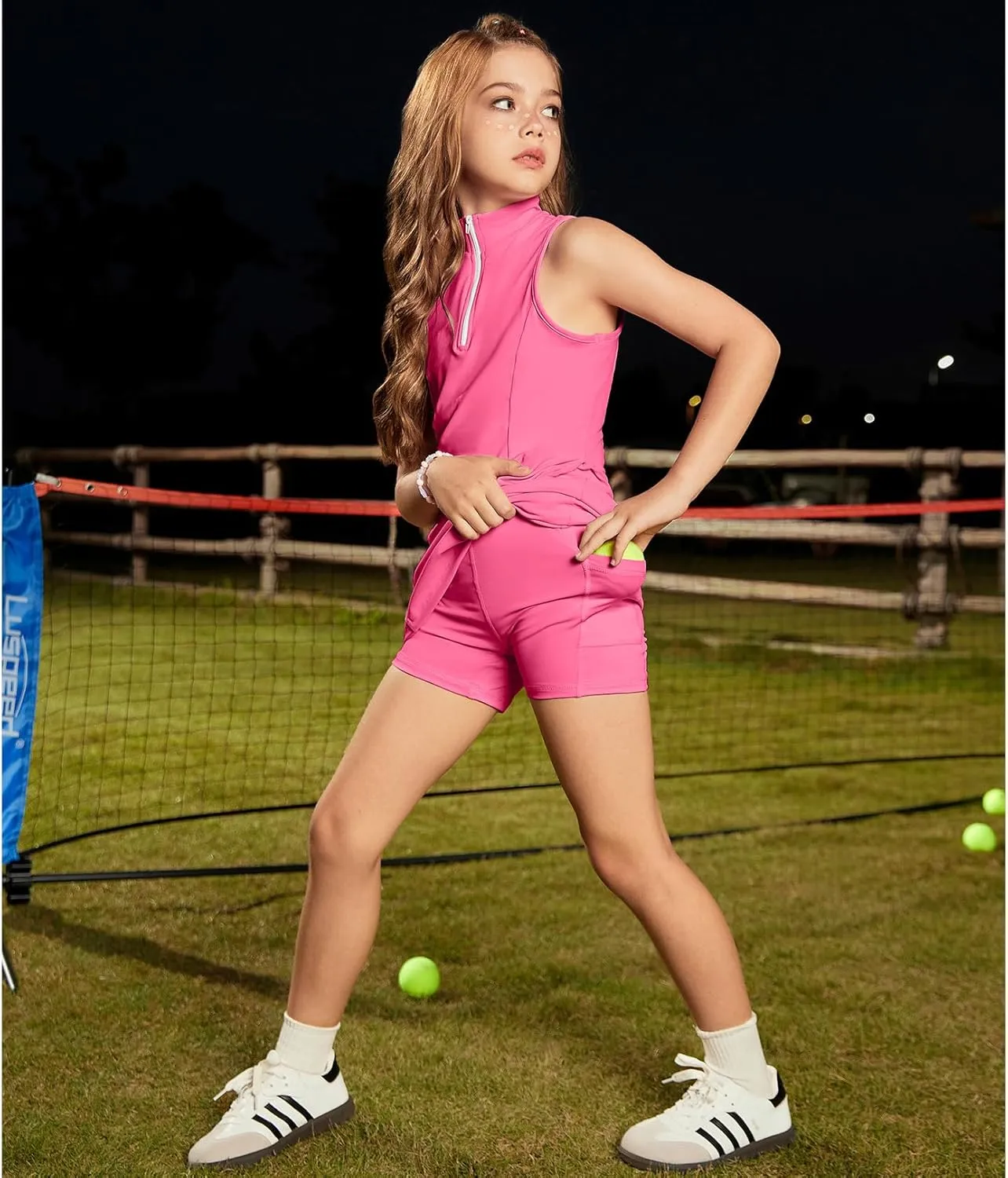Perfashion Girls Tennis Dress 1/4 Zip Golf Outfit Built-in Bra & Shorts Athletic Dress Workout and Pockets 4-13Y