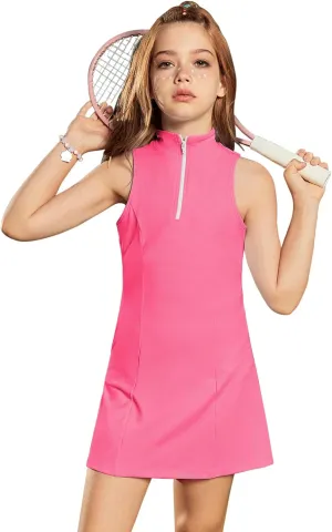 Perfashion Girls Tennis Dress 1/4 Zip Golf Outfit Built-in Bra & Shorts Athletic Dress Workout and Pockets 4-13Y