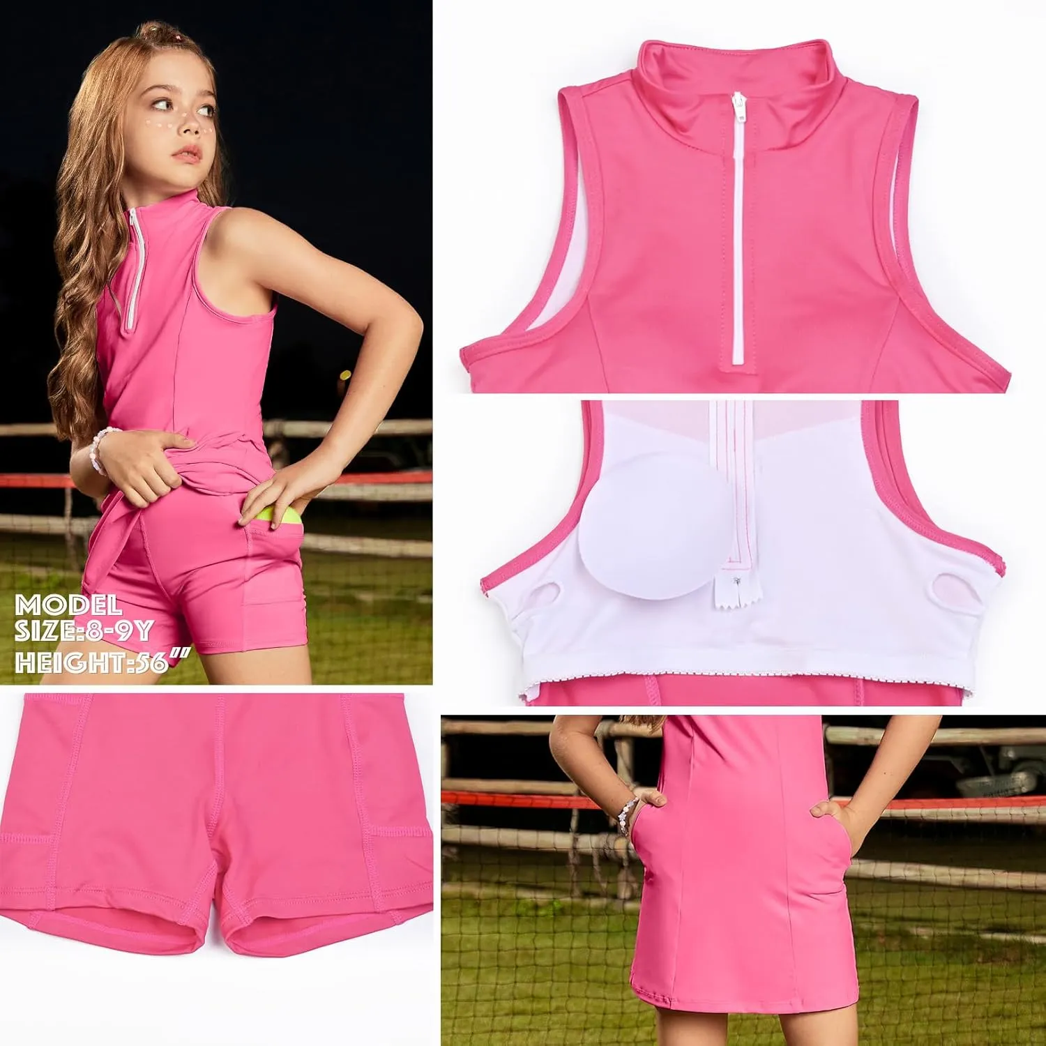 Perfashion Girls Tennis Dress 1/4 Zip Golf Outfit Built-in Bra & Shorts Athletic Dress Workout and Pockets 4-13Y