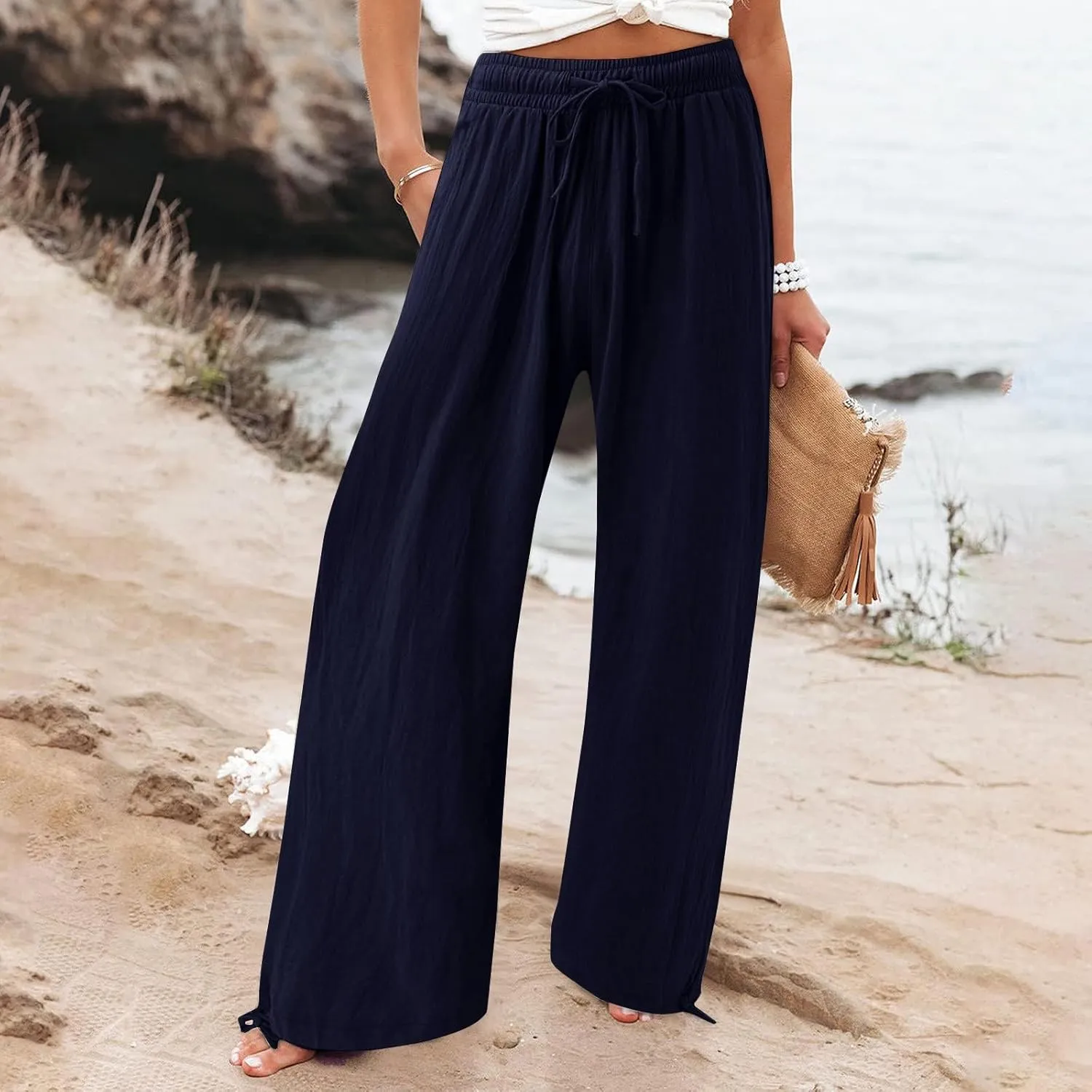 Petite Linen Pants Capri Summer Palazzo Wide Leg Linen Pant Women's Cotton Trousers Suits