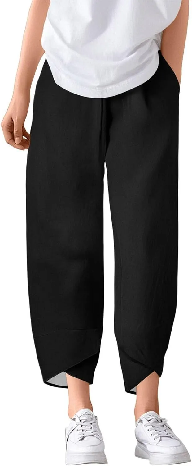 Petite Linen Pants Summer Wide Leg Hight Waisted Capri Pants Cotton Linen Comfy Cropped Palazzo Trousers with Pockets
