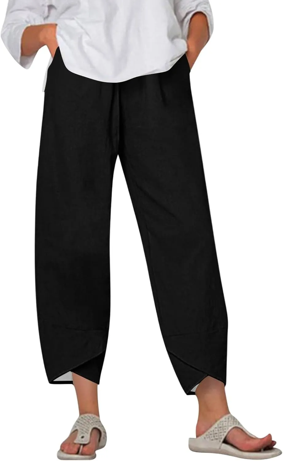 Petite Linen Pants Summer Wide Leg Hight Waisted Capri Pants Cotton Linen Comfy Cropped Palazzo Trousers with Pockets