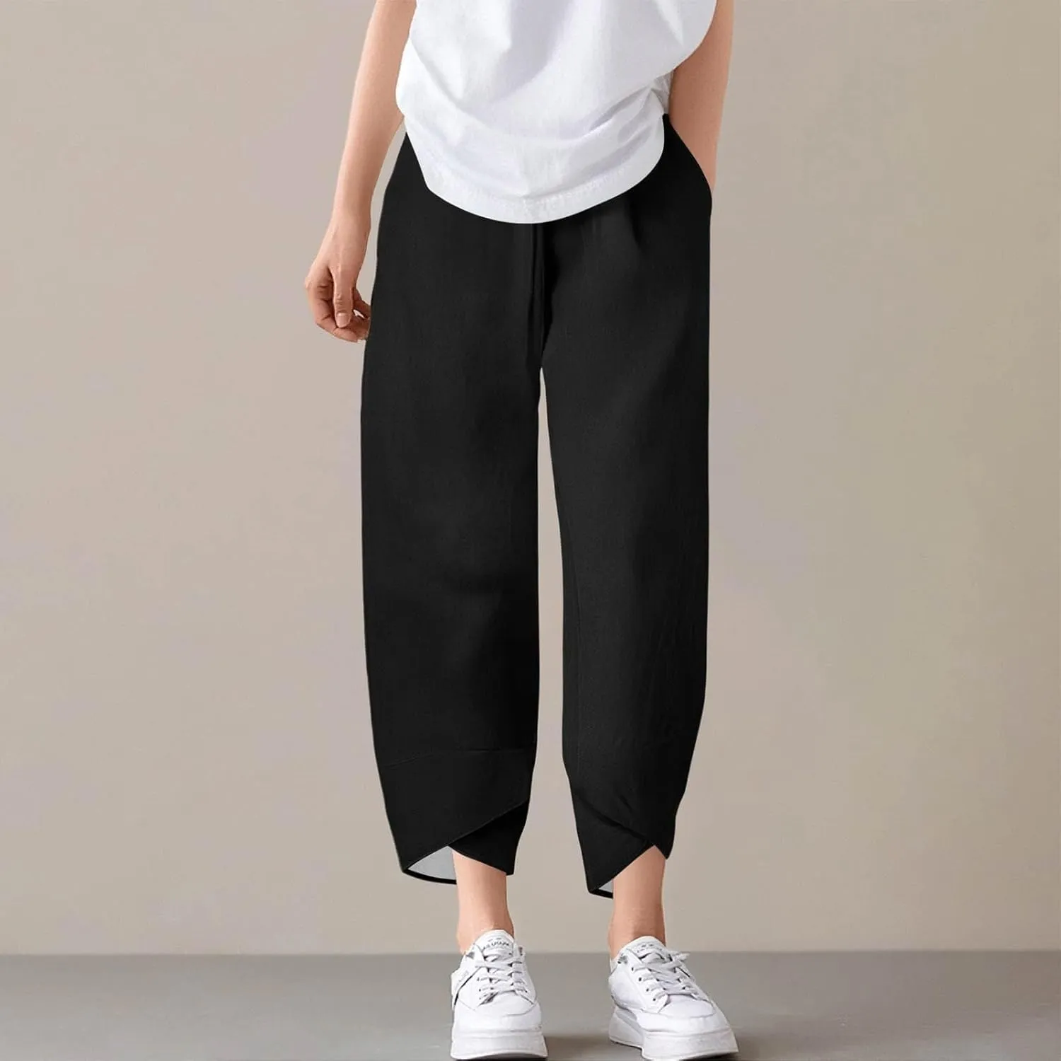 Petite Linen Pants Summer Wide Leg Hight Waisted Capri Pants Cotton Linen Comfy Cropped Palazzo Trousers with Pockets