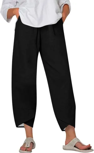 Petite Linen Pants Summer Wide Leg Hight Waisted Capri Pants Cotton Linen Comfy Cropped Palazzo Trousers with Pockets