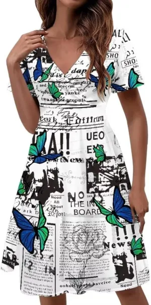 Pinupub Women Short Sleeve Wrap V Neck Dress Novelty Cute Graphic Casual Aloha Luau Party Dresses