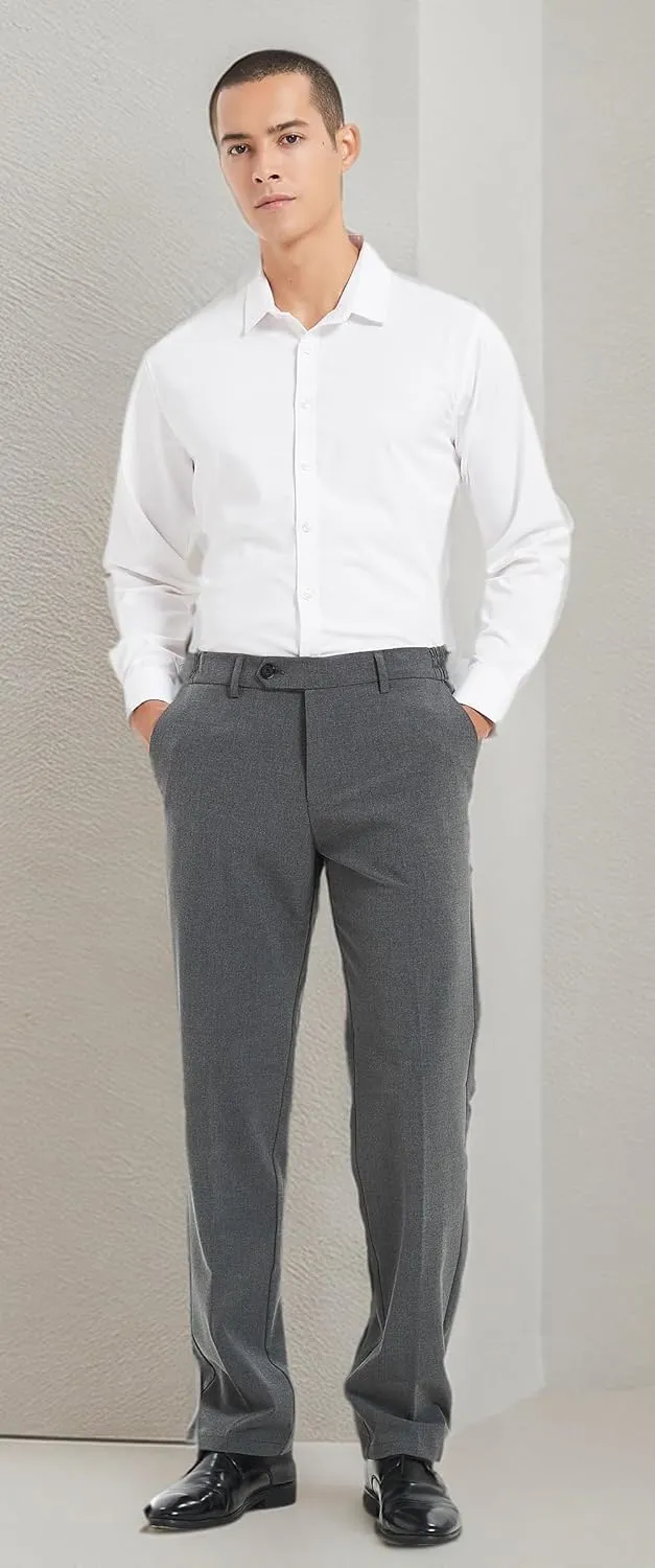 Plaid&Plain Men's Dress Pants with Elastic Waistband and Stretchy Fabric Straight Fit