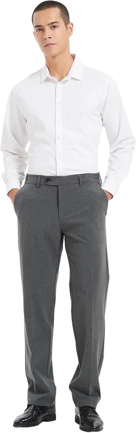 Plaid&Plain Men's Dress Pants with Elastic Waistband and Stretchy Fabric Straight Fit