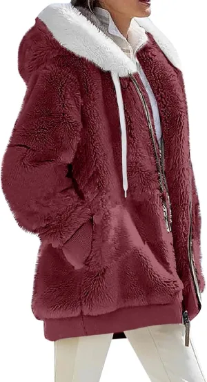 Plus Size Winter Coats For Women Full Zip Oversized Fleece Sherpa Jacket Drawstring Fuzzy Hooded Outerwear w/Pockets