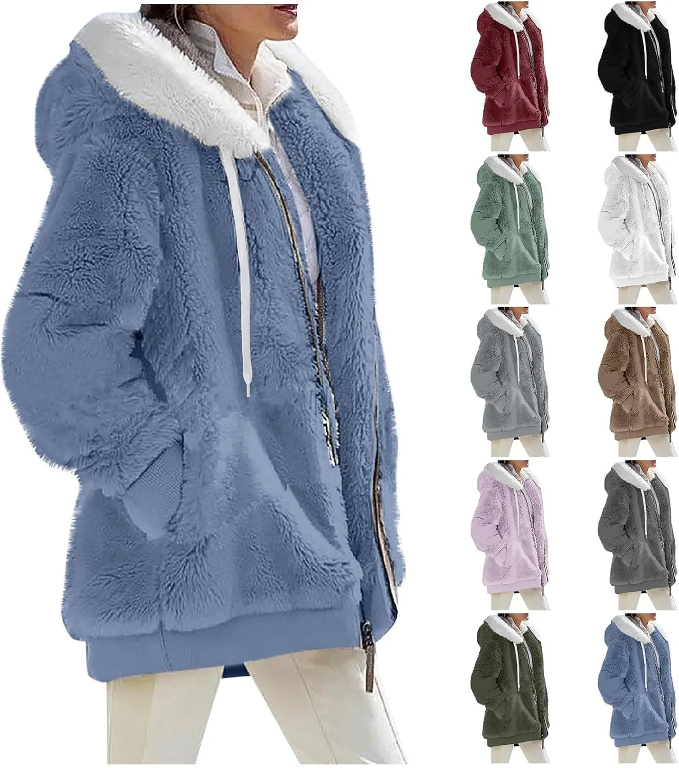 Plus Size Winter Coats For Women Full Zip Oversized Fleece Sherpa Jacket Drawstring Fuzzy Hooded Outerwear w/Pockets