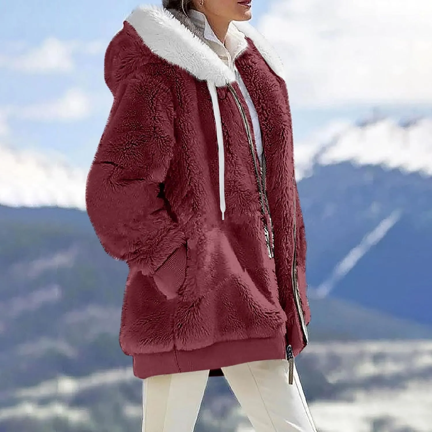 Plus Size Winter Coats For Women Full Zip Oversized Fleece Sherpa Jacket Drawstring Fuzzy Hooded Outerwear w/Pockets