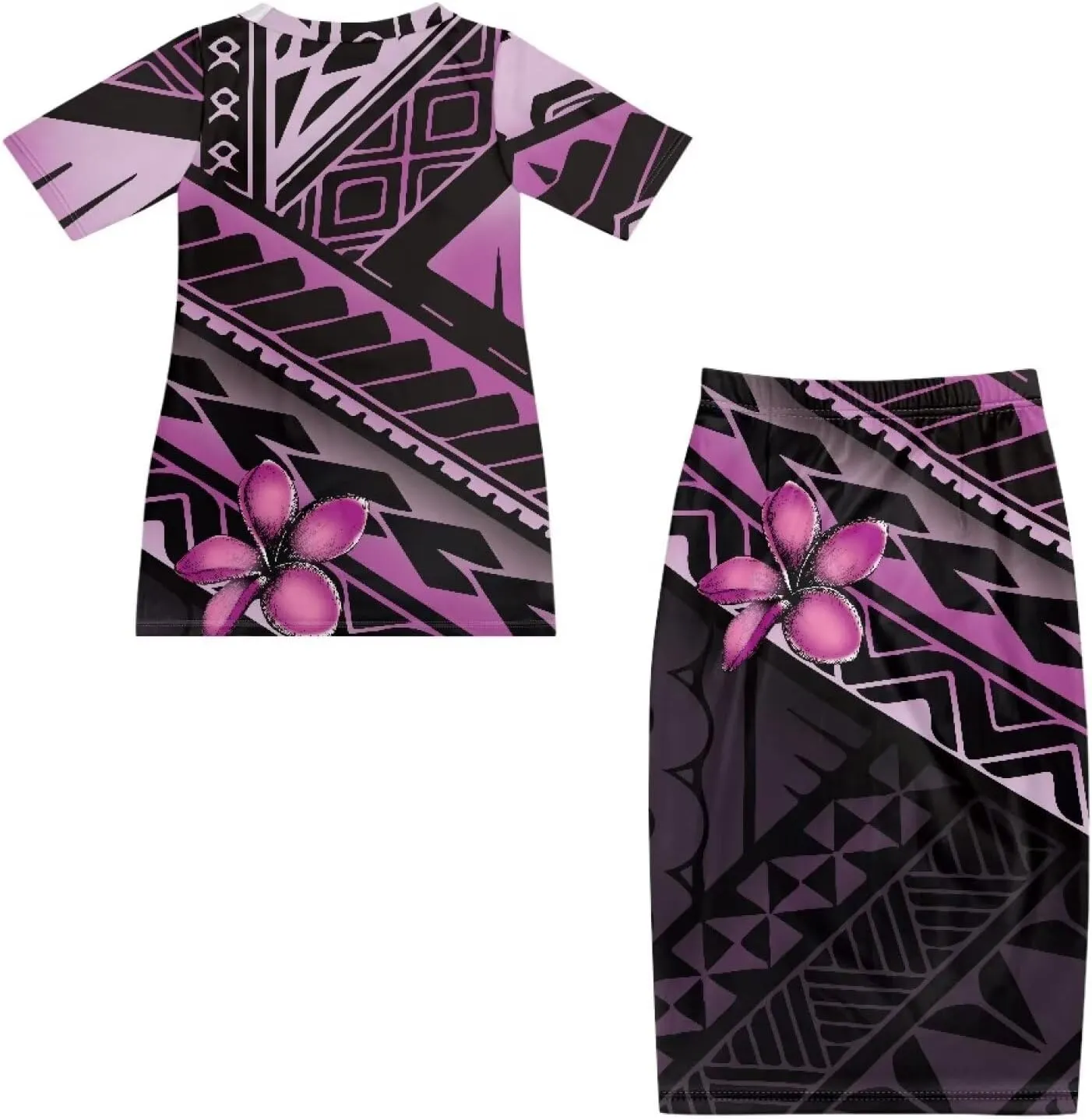 Polynesian Dress for Women Plus Size 2 Pcs Set Puletasi Samoan Tribal Crewneck Short Sleeve Loose Maxi Dress XS-7XL