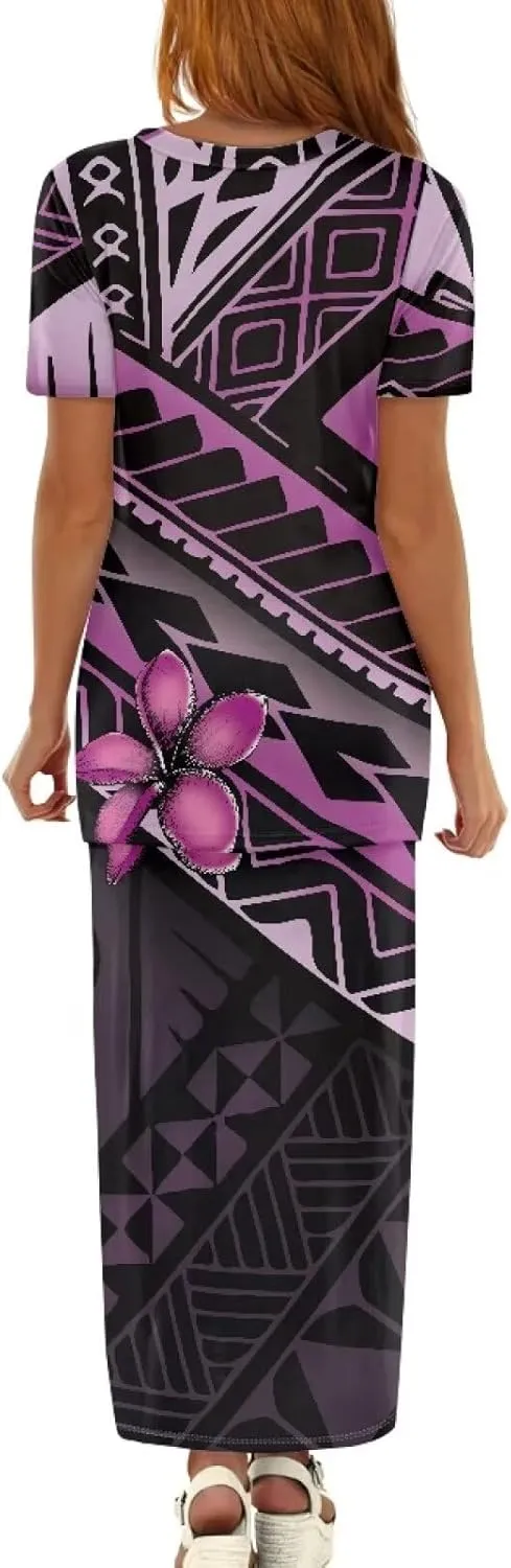Polynesian Dress for Women Plus Size 2 Pcs Set Puletasi Samoan Tribal Crewneck Short Sleeve Loose Maxi Dress XS-7XL