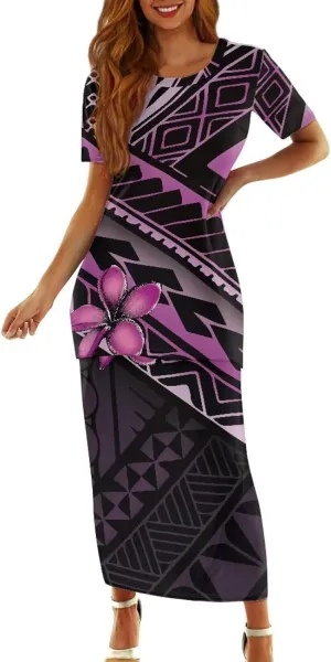 Polynesian Dress for Women Plus Size 2 Pcs Set Puletasi Samoan Tribal Crewneck Short Sleeve Loose Maxi Dress XS-7XL