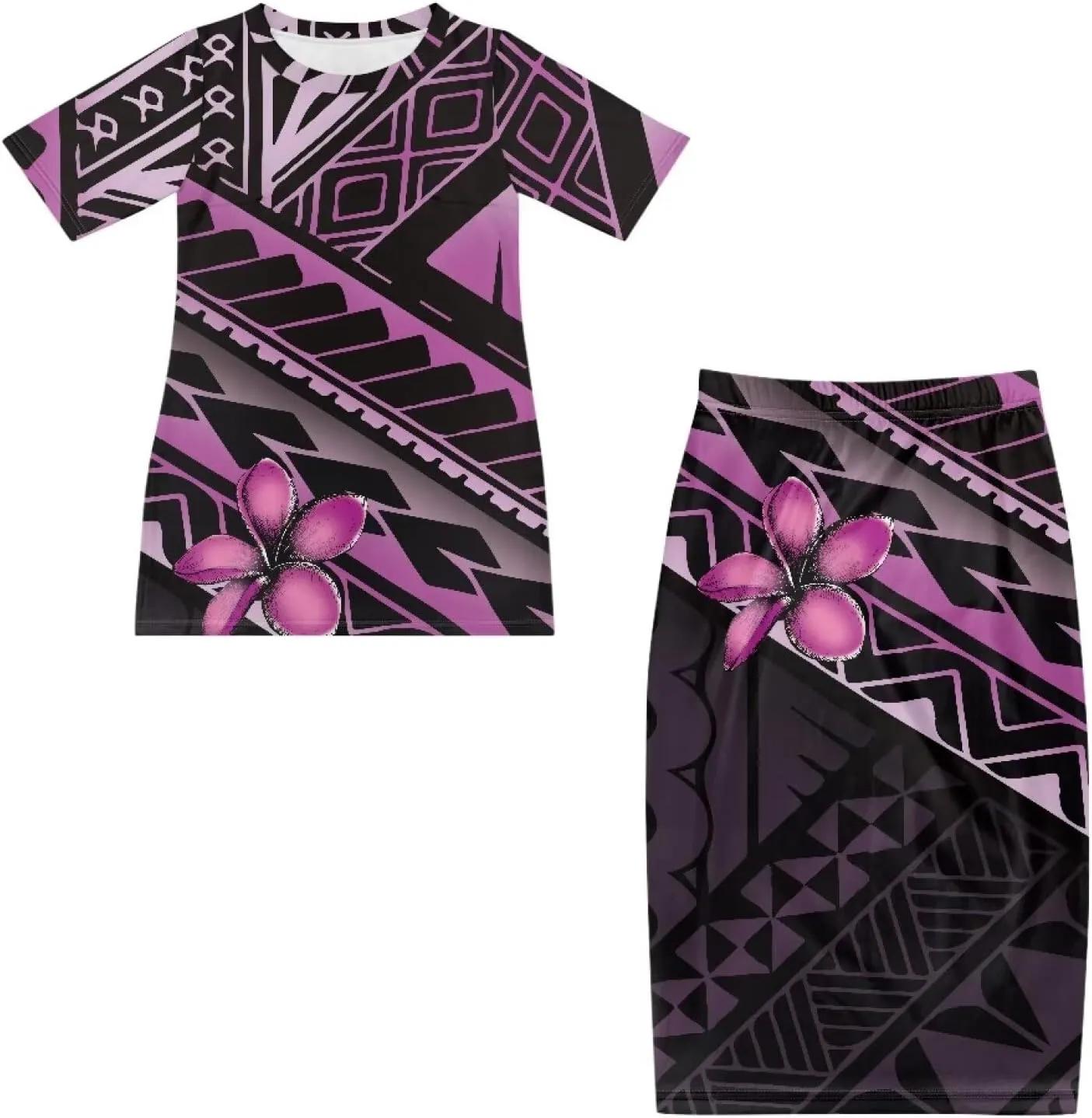 Polynesian Dress for Women Plus Size 2 Pcs Set Puletasi Samoan Tribal Crewneck Short Sleeve Loose Maxi Dress XS-7XL