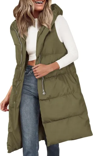 PRETTYGARDEN Womens Long Puffer Vest Fall Winter Trendy Zip Up Sleeveless Coat Down Jacket Quilted Hooded Warm Outerwear