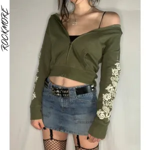 Printed Crop Hooded Jackets Streetwear Vintage Cotton Coats Autumn Casual Women Zip Up Hoodies Female Fairy Grunge