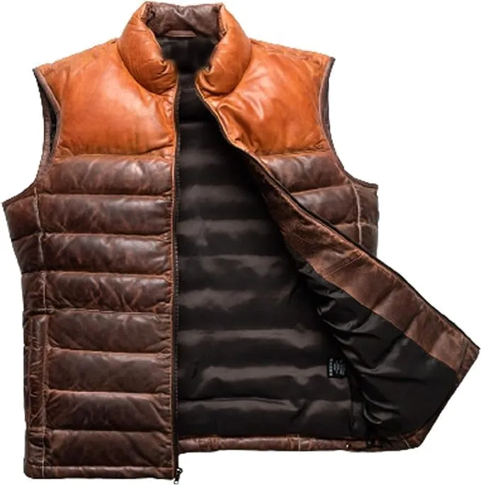 Puffer Vest Men Real Lambskin Leather Quilted Down jacket Two Ton Tan and Brown Color |Outdoor Sleeveless Mens Vests |