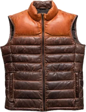 Puffer Vest Men Real Lambskin Leather Quilted Down jacket Two Ton Tan and Brown Color |Outdoor Sleeveless Mens Vests |