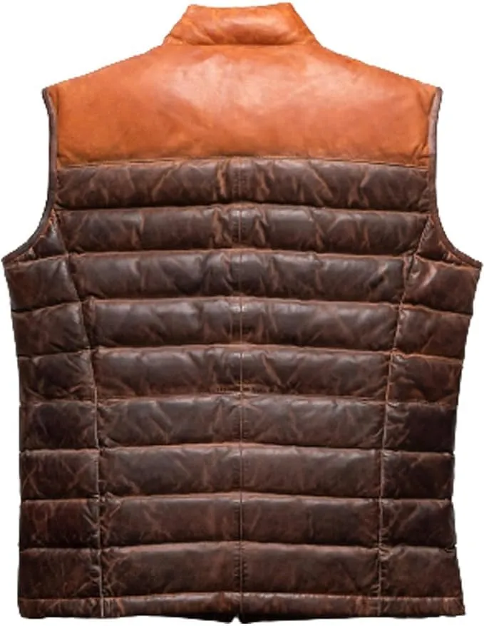 Puffer Vest Men Real Lambskin Leather Quilted Down jacket Two Ton Tan and Brown Color |Outdoor Sleeveless Mens Vests |